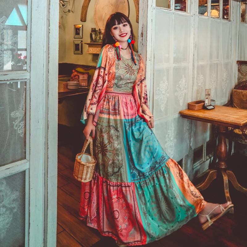   2021 Flare Three Quarter Sleeve Long Maxi ̾ ų Ʈ ġ 巹 Ƽ Ʈ ġ ũ o 